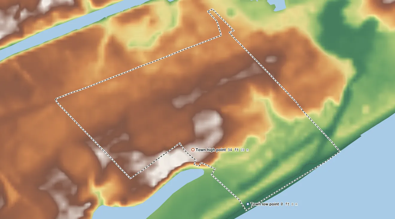 Topographic elevation map of Briarcliffe Acres, South Carolina, shaded from sea level level on the Atlantic Ocean to 34 ft near the middle