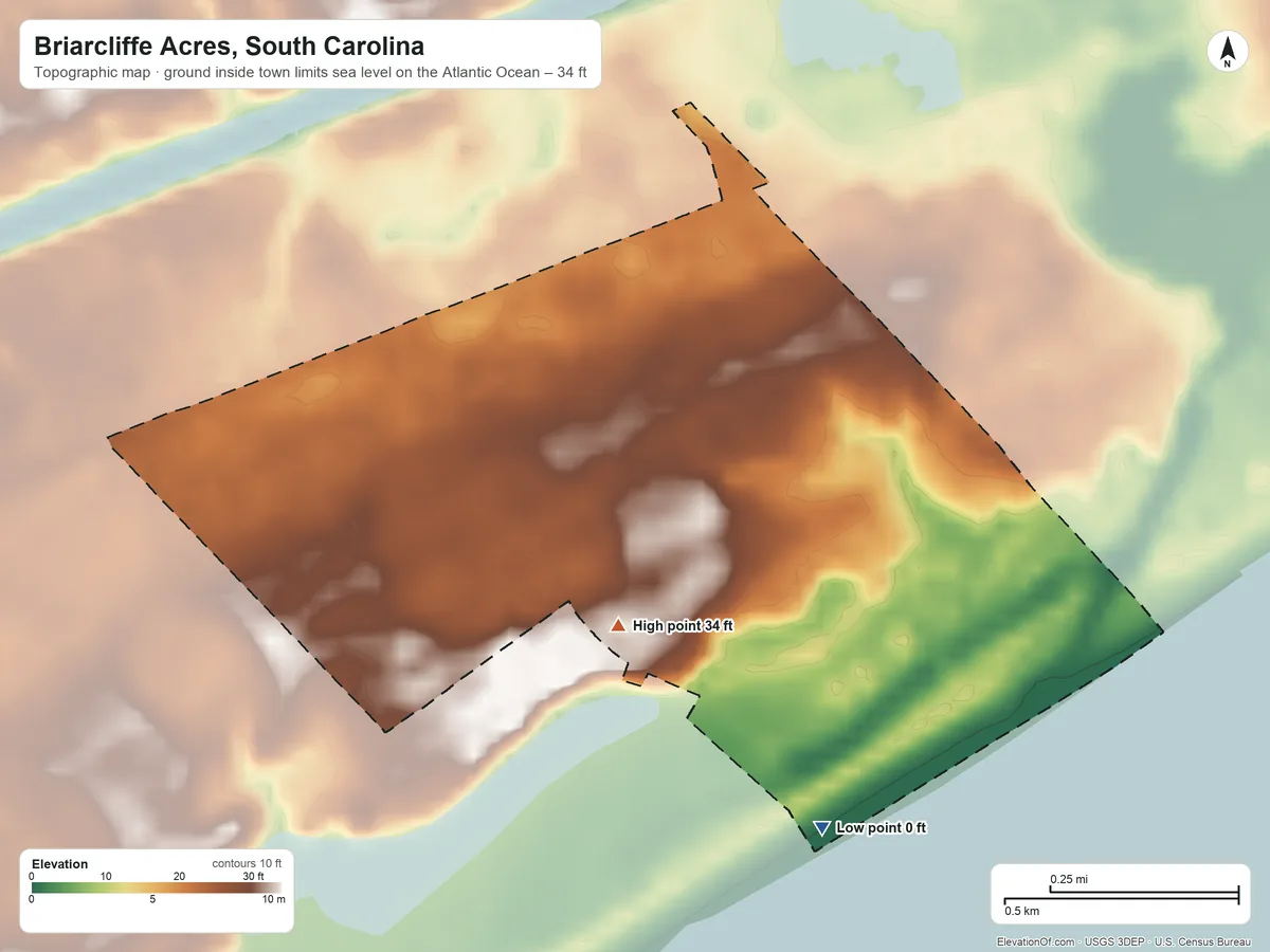 Topographic elevation map of Briarcliffe Acres, South Carolina, shaded from sea level level on the Atlantic Ocean to 34 ft near the middle