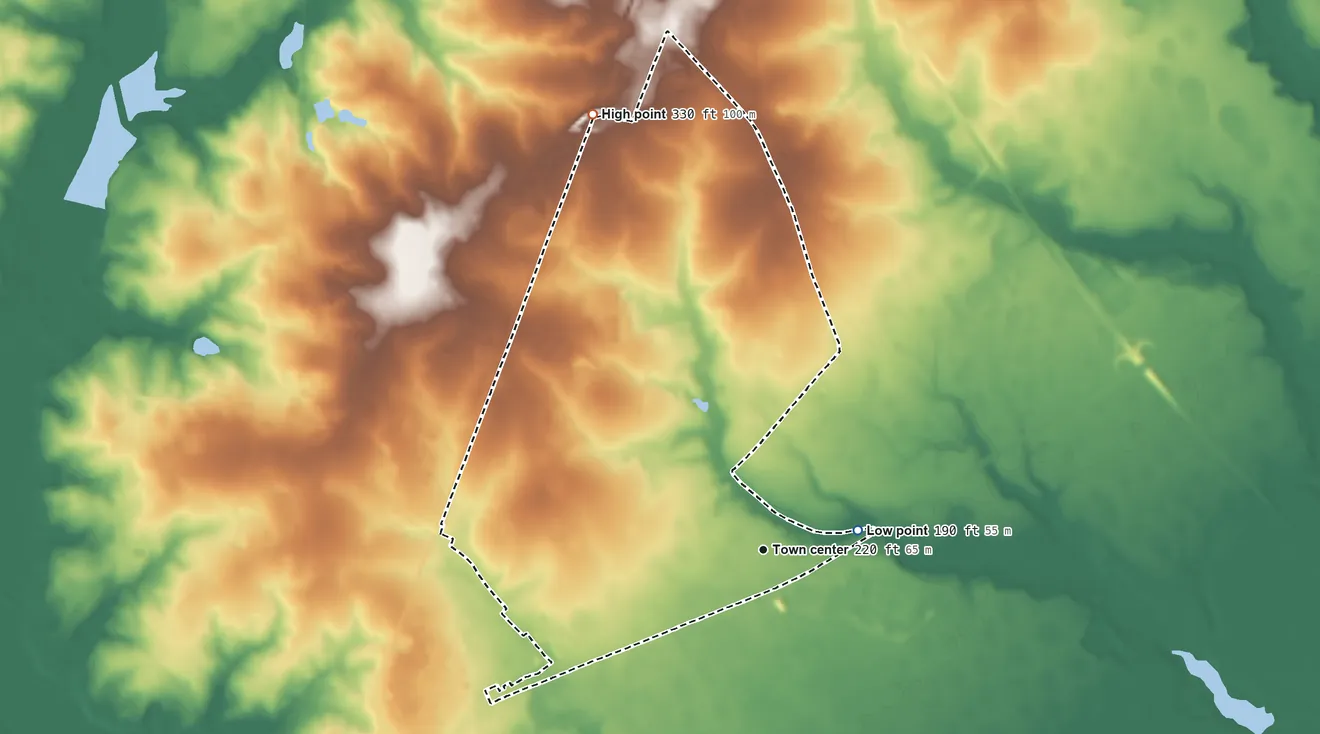 Topographic elevation map of Brookdale, South Carolina, shaded from 190 ft on the east side to 330 ft on the north side