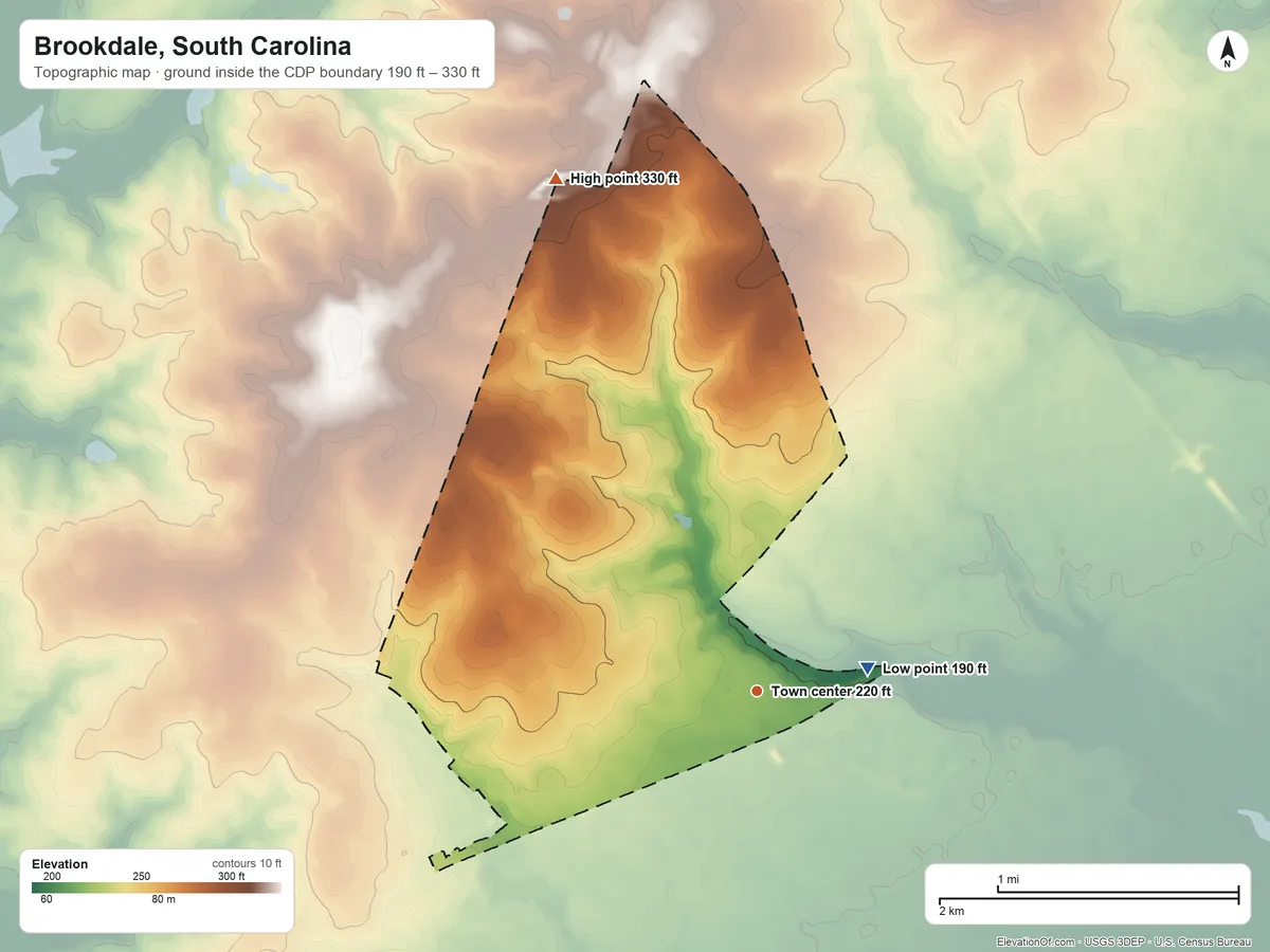 Topographic elevation map of Brookdale, South Carolina, shaded from 190 ft on the east side to 330 ft on the north side