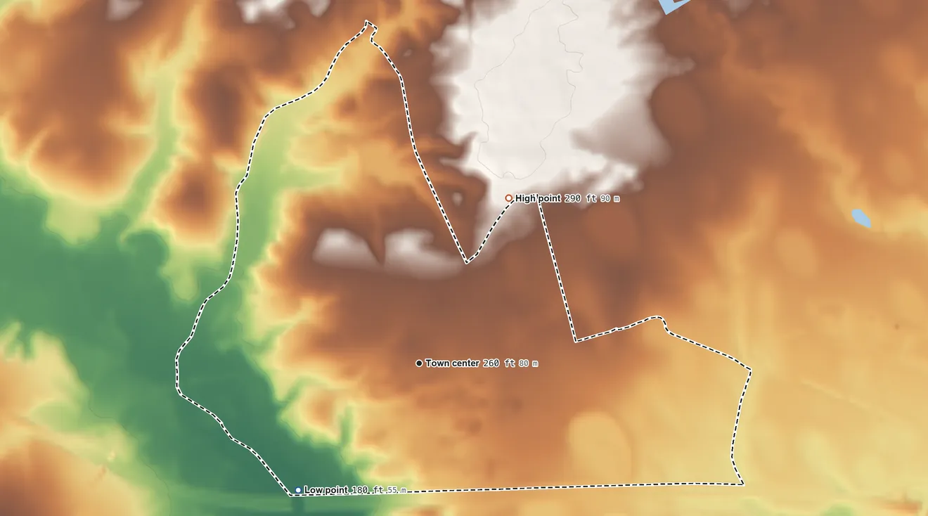 Topographic elevation map of Browntown, South Carolina, shaded from 180 ft on the southwest side to 290 ft on the northeast side