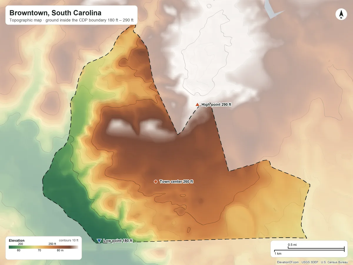 Topographic elevation map of Browntown, South Carolina, shaded from 180 ft on the southwest side to 290 ft on the northeast side