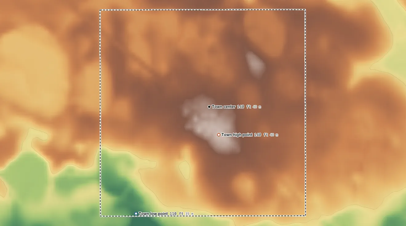 Topographic elevation map of Brunson, South Carolina, shaded from 110 ft on the southwest side to 140 ft on the south side