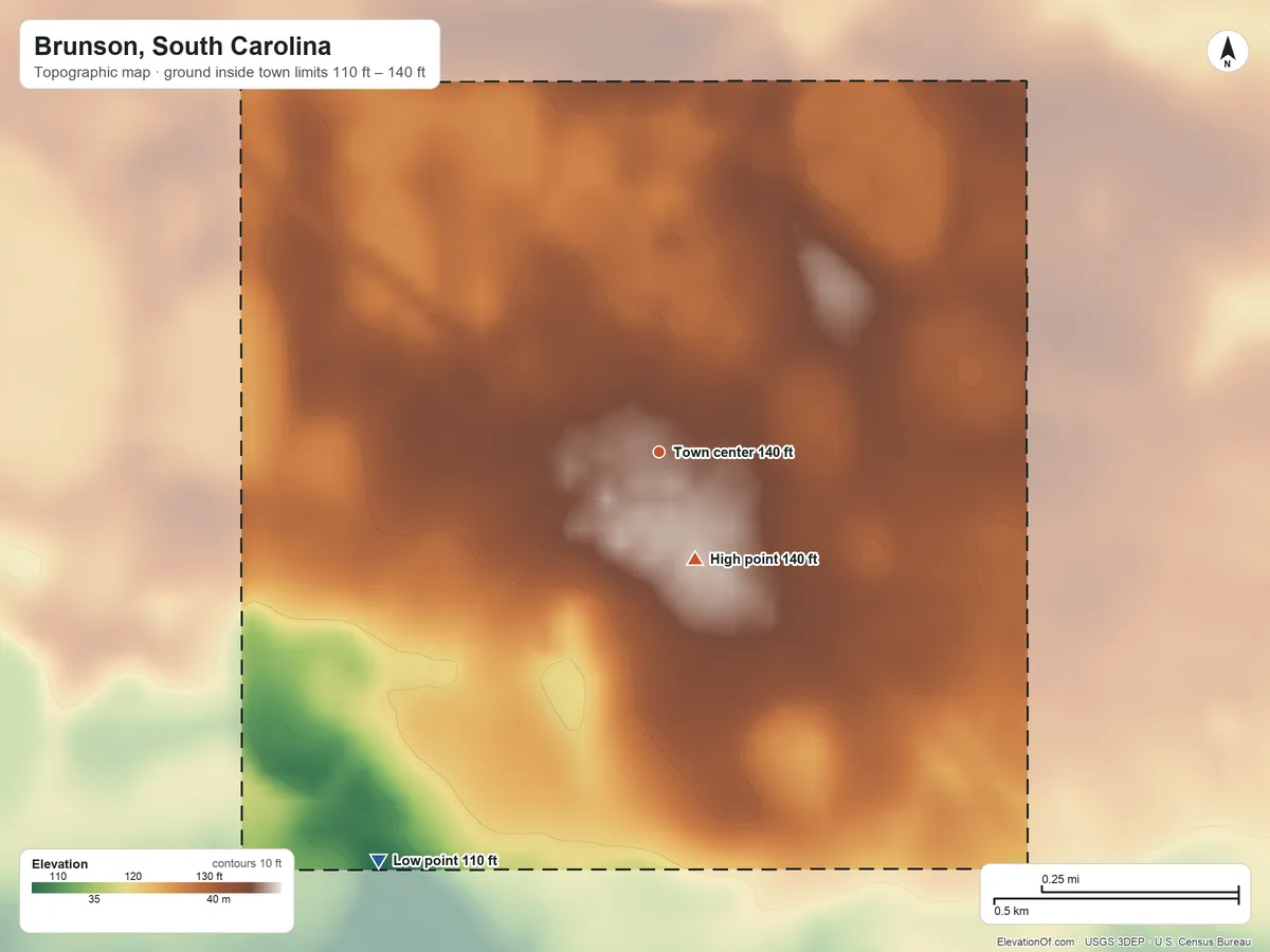 Topographic elevation map of Brunson, South Carolina, shaded from 110 ft on the southwest side to 140 ft on the south side