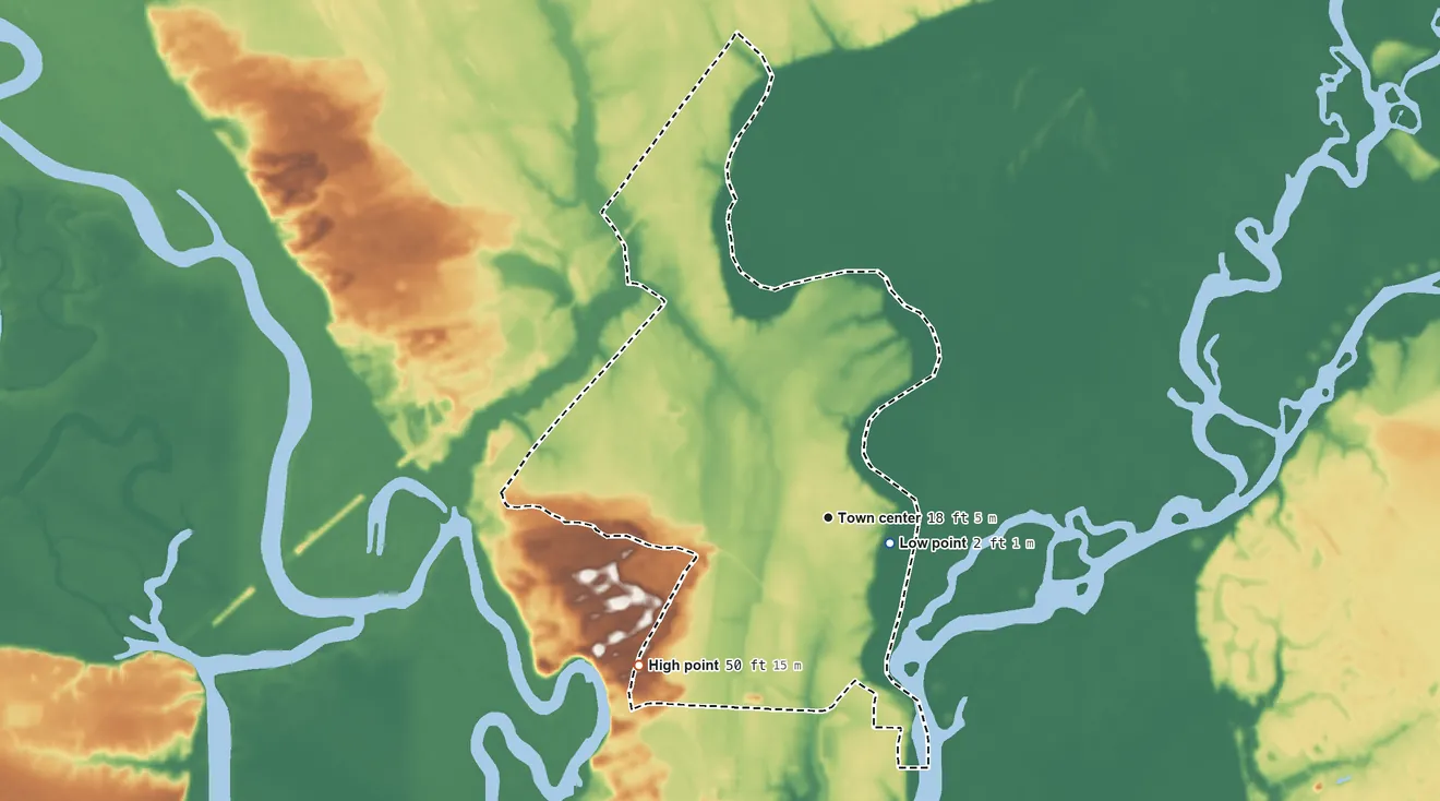 Topographic elevation map of Bucksport, South Carolina, shaded from 2 ft near the middle to 50 ft on the southwest side