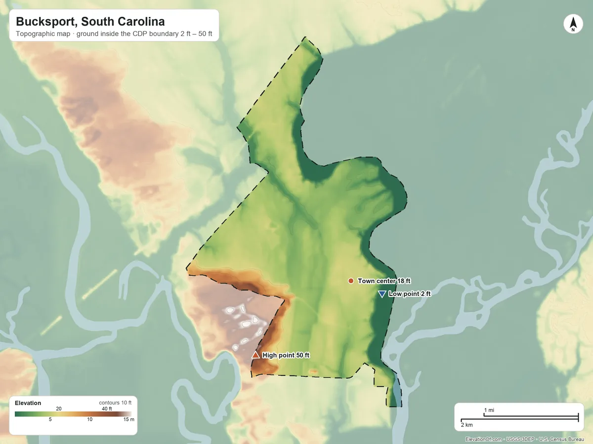 Topographic elevation map of Bucksport, South Carolina, shaded from 2 ft near the middle to 50 ft on the southwest side