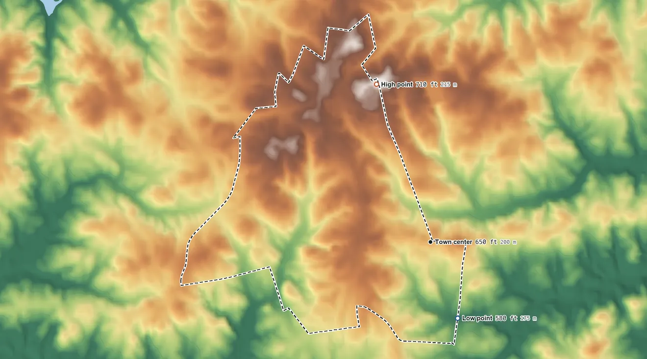Topographic elevation map of Buford, South Carolina, shaded from 580 ft on the south side to 710 ft on the north side