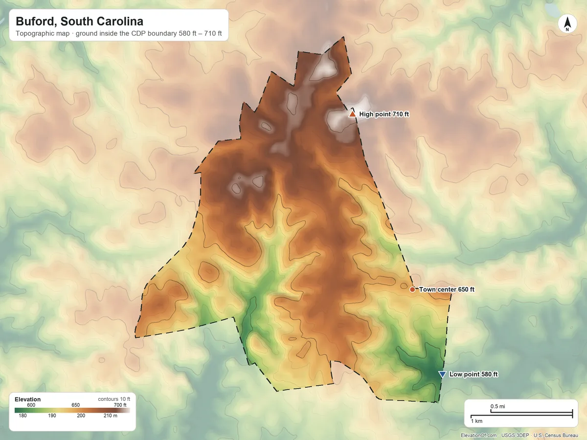 Topographic elevation map of Buford, South Carolina, shaded from 580 ft on the south side to 710 ft on the north side