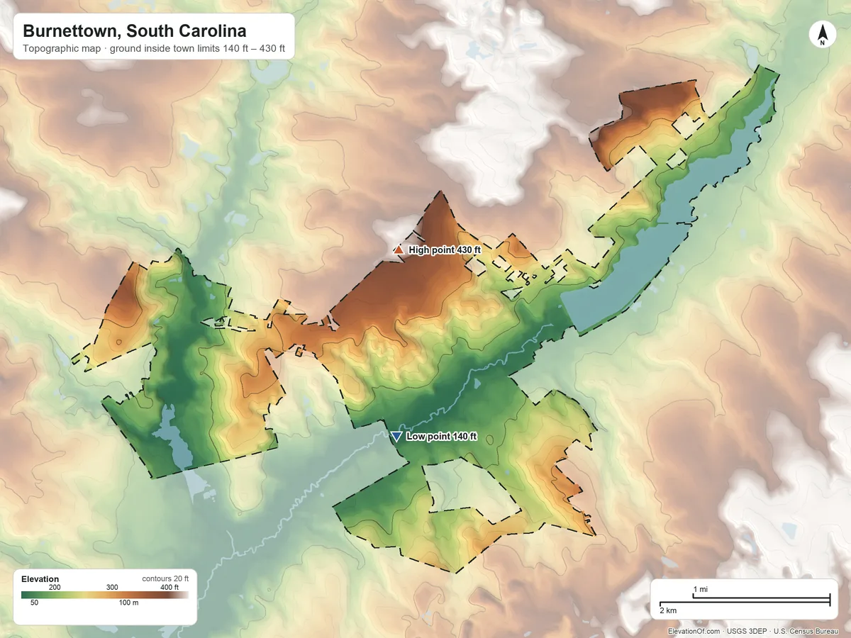 Topographic elevation map of Burnettown, South Carolina, shaded from 140 ft on the south side to 430 ft near the middle