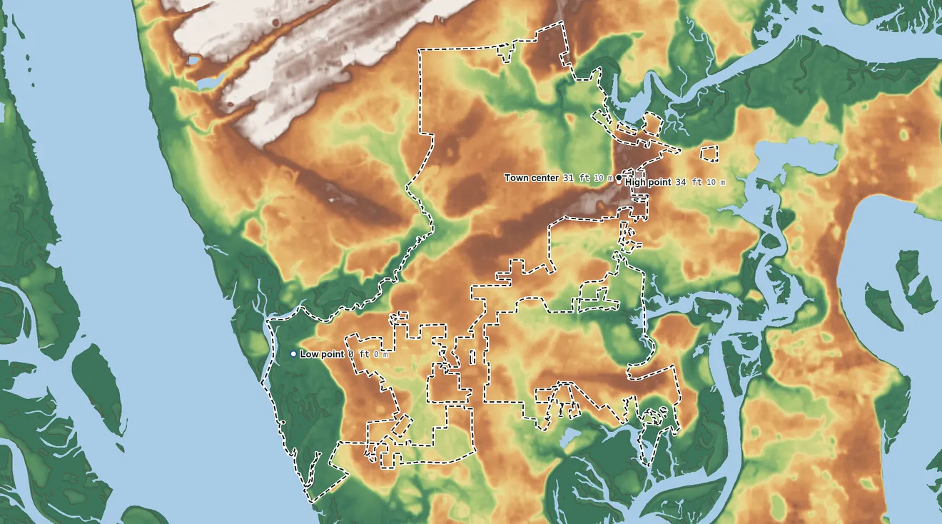 Topographic elevation map of Burton, South Carolina, shaded from 0 ft on the southwest side to 34 ft near the middle