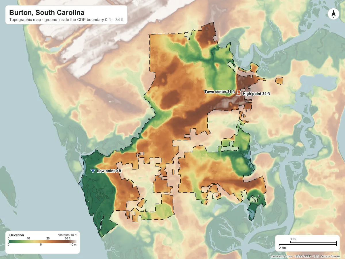 Topographic elevation map of Burton, South Carolina, shaded from 0 ft on the southwest side to 34 ft near the middle