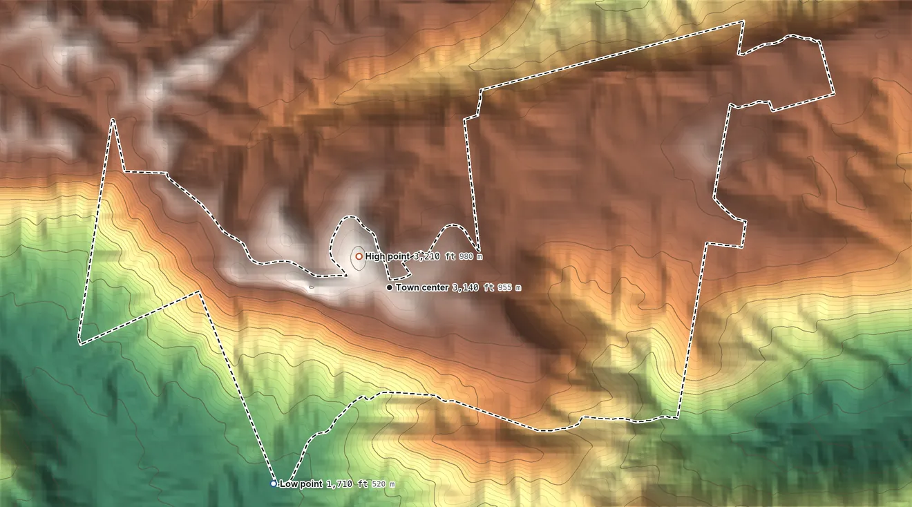 Topographic elevation map of Caesars Head, South Carolina, shaded from 1,710 ft on the southwest side to 3,210 ft on Caesars Head Mountain