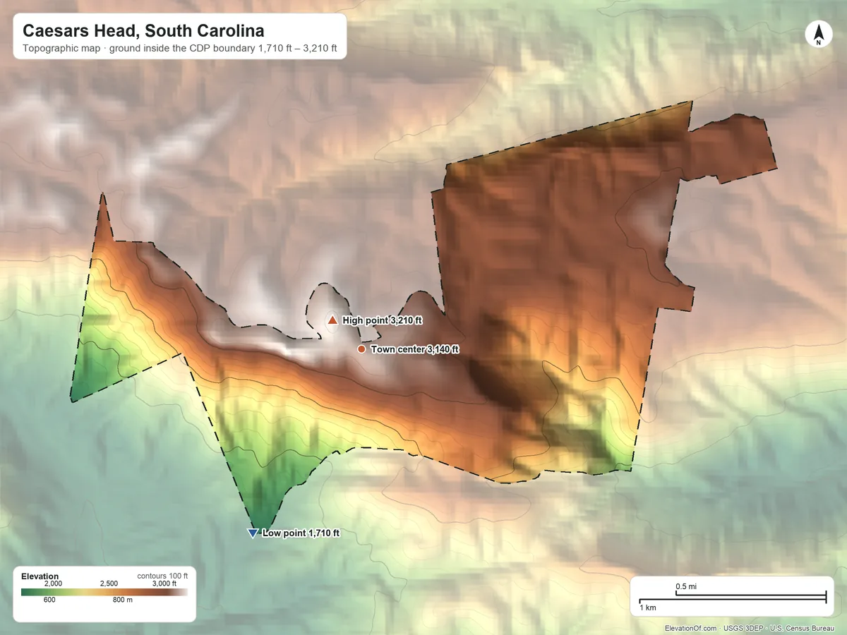 Topographic elevation map of Caesars Head, South Carolina, shaded from 1,710 ft on the southwest side to 3,210 ft on Caesars Head Mountain