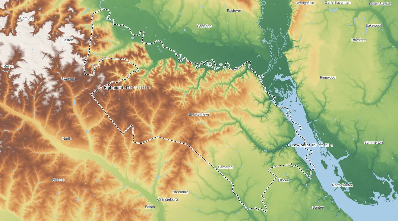 Topographic elevation map of Calhoun County, South Carolina, shaded from 69 ft on the east side to 440 ft on the west side