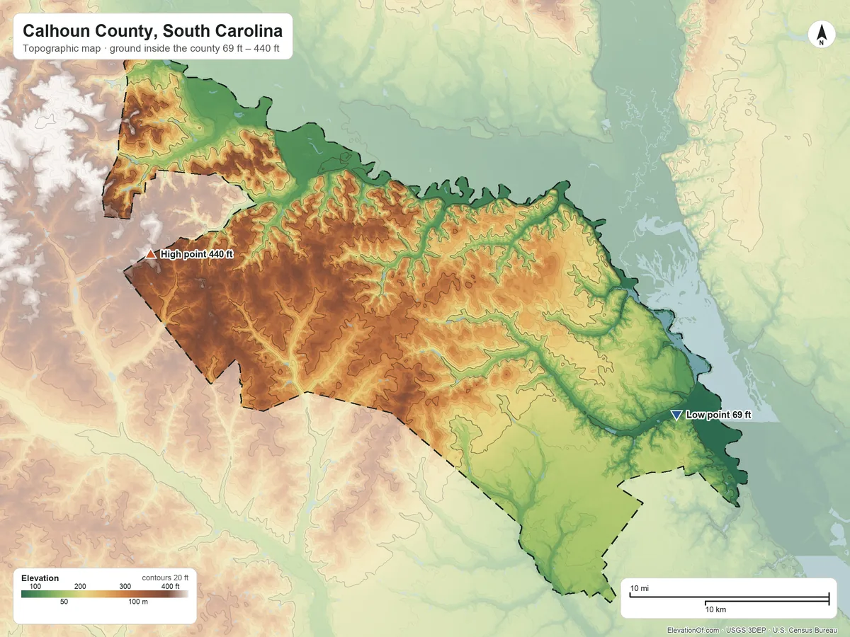 Topographic elevation map of Calhoun County, South Carolina, shaded from 69 ft on the east side to 440 ft on the west side