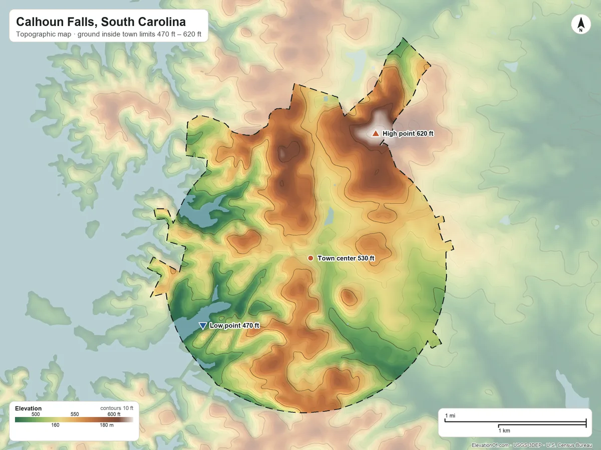 Topographic elevation map of Calhoun Falls, South Carolina, shaded from 470 ft on the southwest side to 620 ft on the northeast side