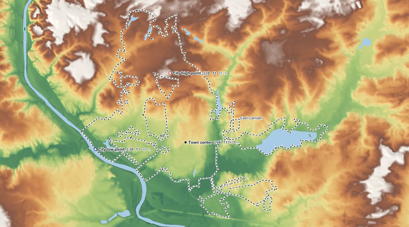 Topographic elevation map of Camden, South Carolina, shaded from 130 ft on the west side to 320 ft on the north side