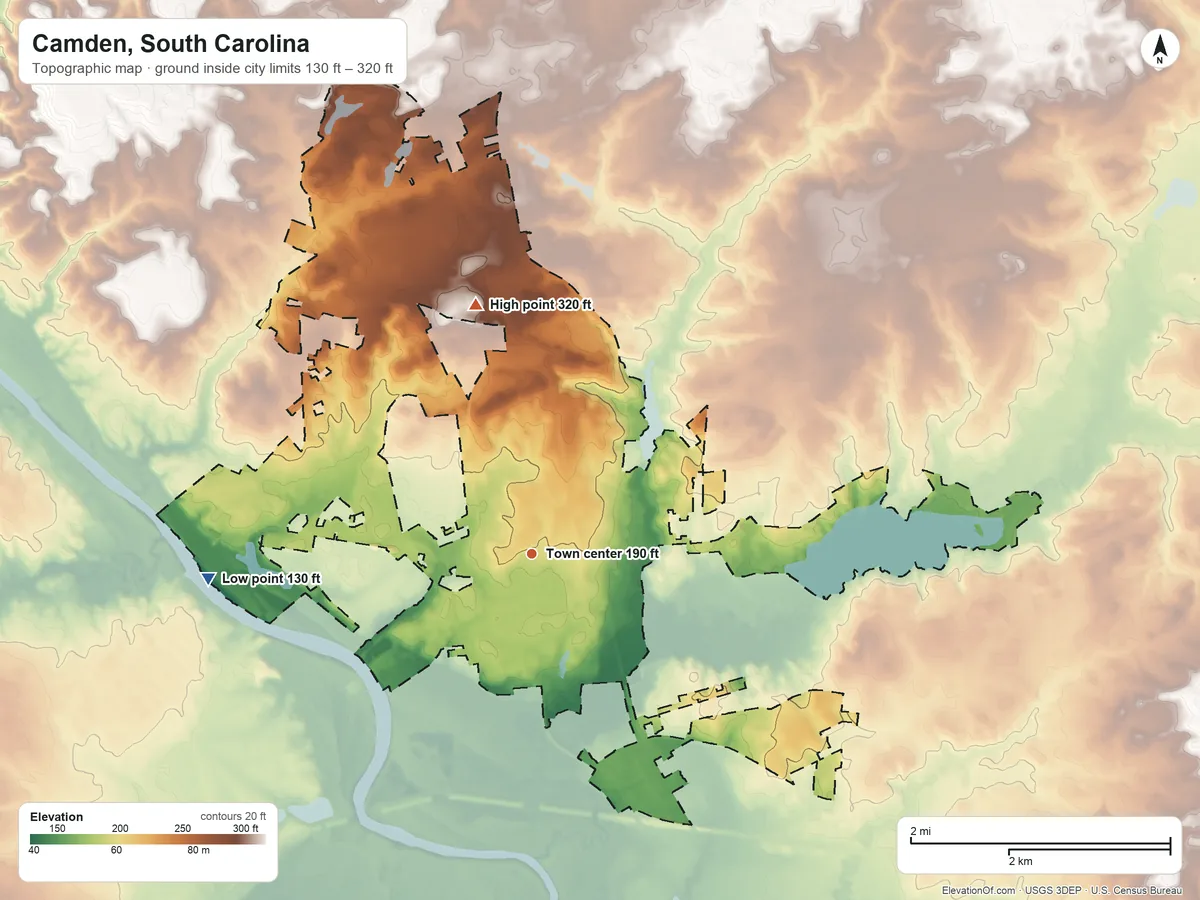 Topographic elevation map of Camden, South Carolina, shaded from 130 ft on the west side to 320 ft on the north side