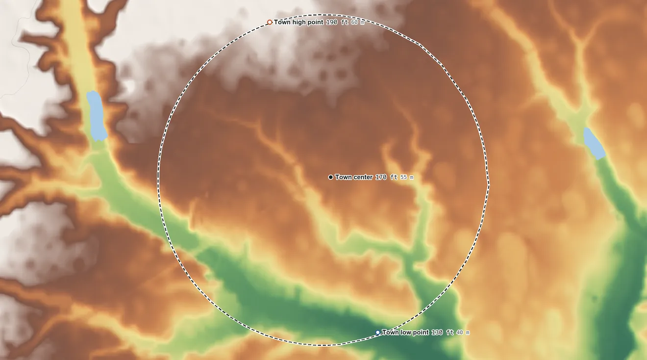 Topographic elevation map of Cameron, South Carolina, shaded from 130 ft on the south side to 190 ft on the north side