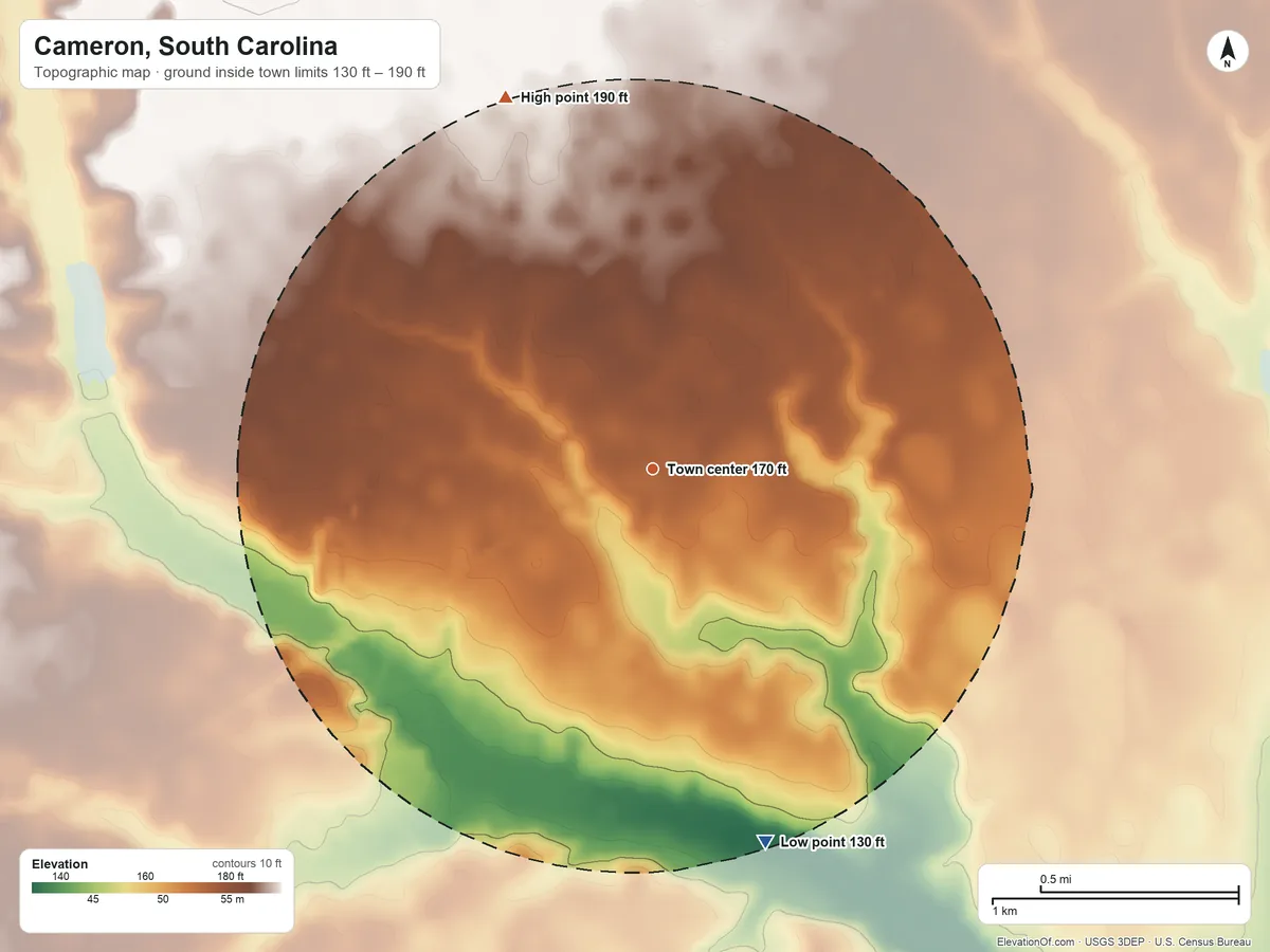 Topographic elevation map of Cameron, South Carolina, shaded from 130 ft on the south side to 190 ft on the north side