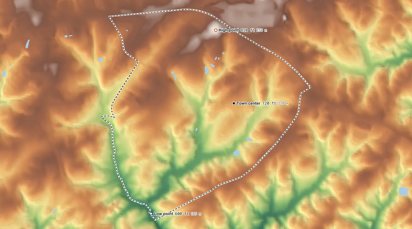 Topographic elevation map of Camp Croft, South Carolina, shaded from 600 ft on the southwest side to 810 ft on the north side