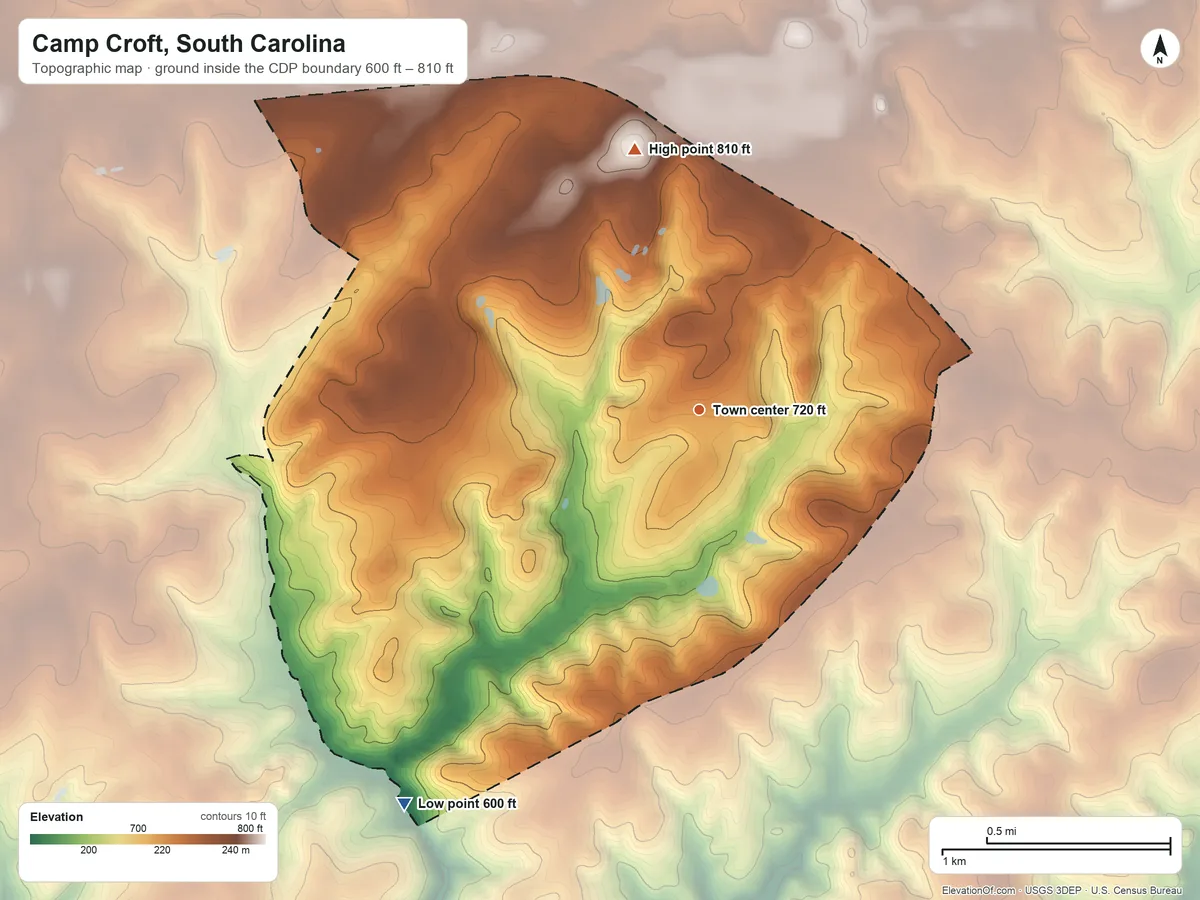 Topographic elevation map of Camp Croft, South Carolina, shaded from 600 ft on the southwest side to 810 ft on the north side