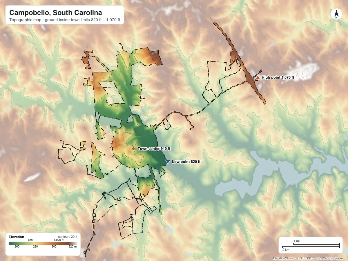 Topographic elevation map of Campobello, South Carolina, shaded from 820 ft on the east side to 1,070 ft on the northeast side