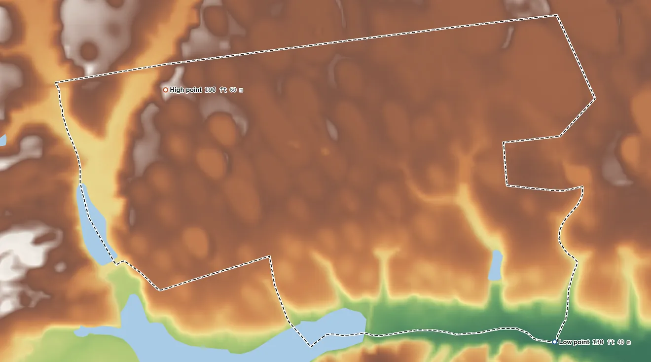 Topographic elevation map of Cane Savannah, South Carolina, shaded from 130 ft on the southeast side to 190 ft on the west side