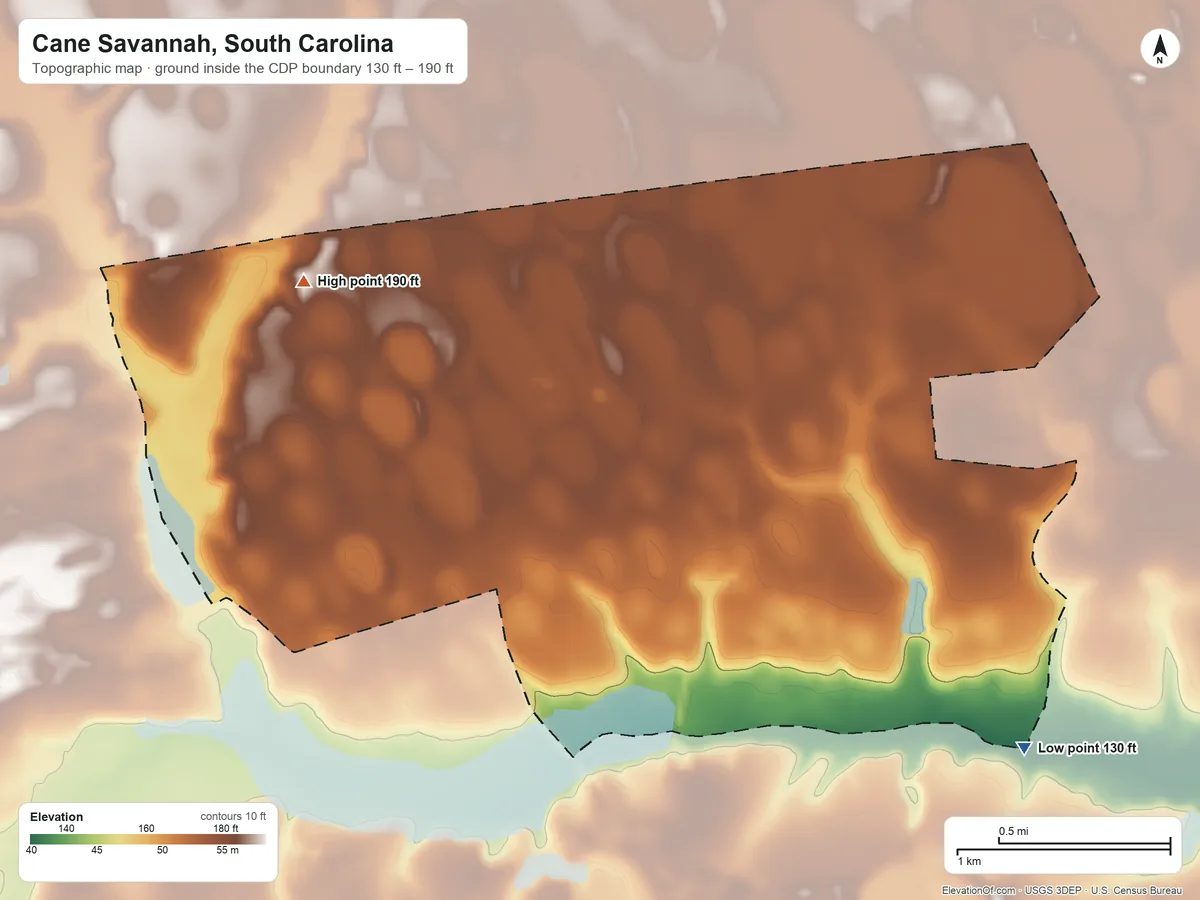 Topographic elevation map of Cane Savannah, South Carolina, shaded from 130 ft on the southeast side to 190 ft on the west side