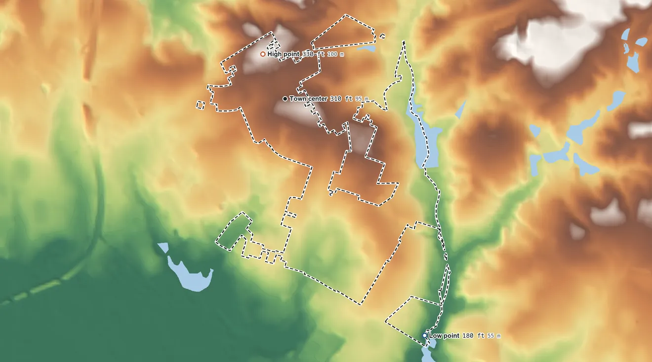 Topographic elevation map of Capitol View, South Carolina, shaded from 180 ft on the southeast side to 330 ft on the northwest side