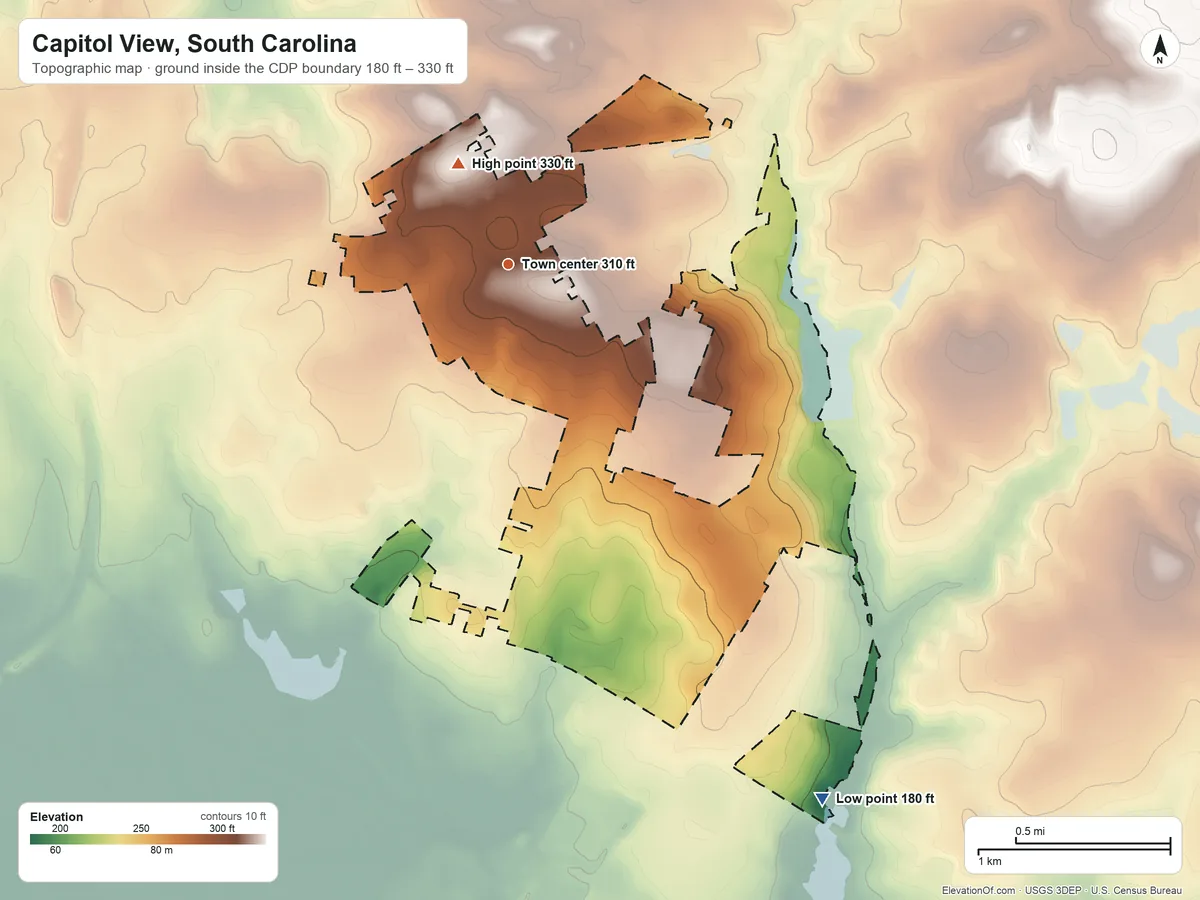 Topographic elevation map of Capitol View, South Carolina, shaded from 180 ft on the southeast side to 330 ft on the northwest side