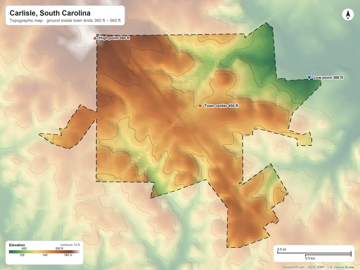Topographic elevation map of Carlisle, South Carolina, shaded from 360 ft on the east side to 560 ft on the northwest side