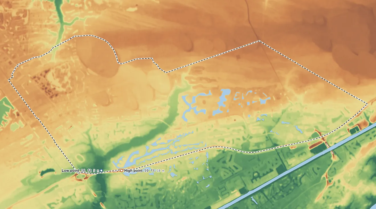 Topographic elevation map of Carolina Forest, South Carolina, shaded from 16 ft on the southwest side to 59 ft on the southwest side