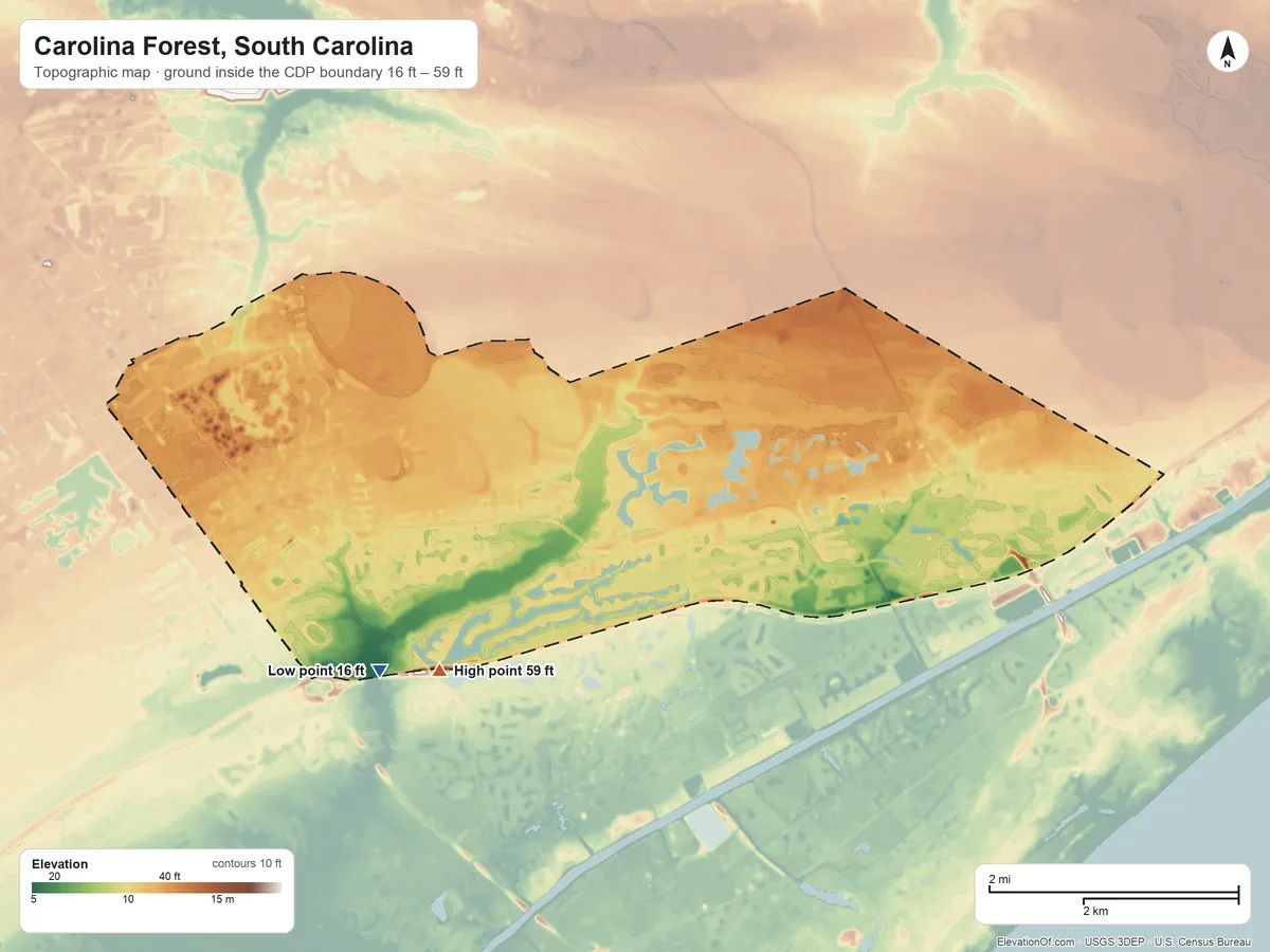 Topographic elevation map of Carolina Forest, South Carolina, shaded from 16 ft on the southwest side to 59 ft on the southwest side