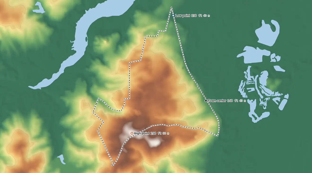Topographic elevation map of Cash, South Carolina, shaded from 130 ft on the north side to 290 ft on the southwest side
