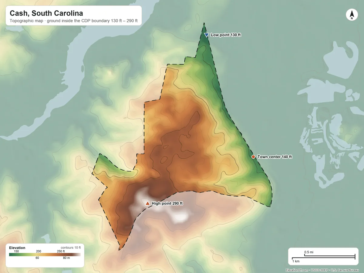 Topographic elevation map of Cash, South Carolina, shaded from 130 ft on the north side to 290 ft on the southwest side