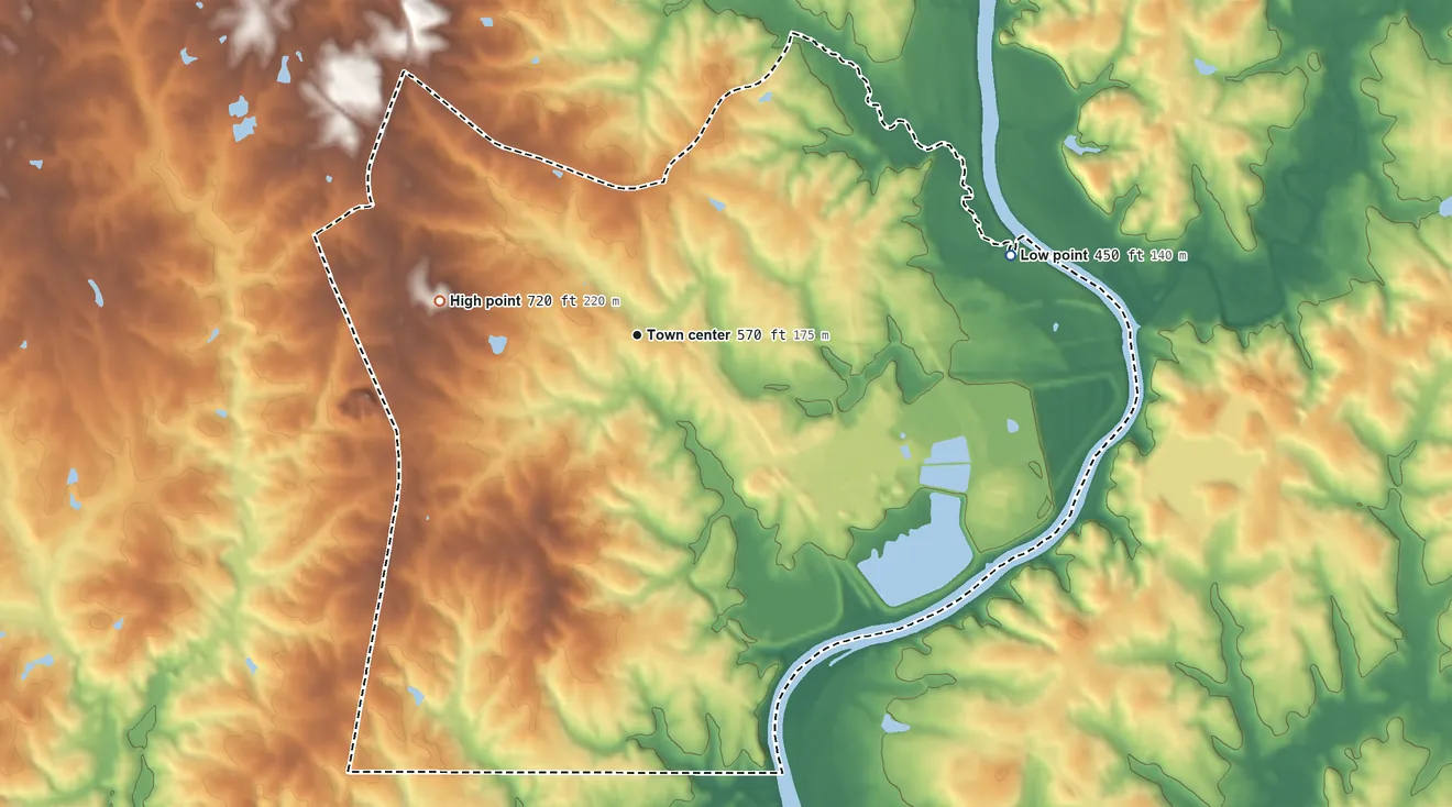 Topographic elevation map of Catawba, South Carolina, shaded from 450 ft on the east side to 720 ft on the west side