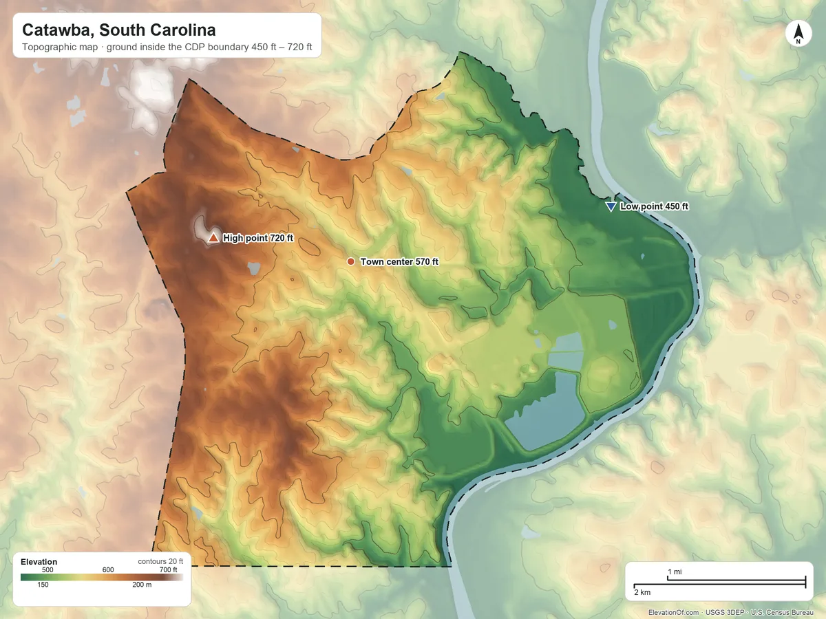 Topographic elevation map of Catawba, South Carolina, shaded from 450 ft on the east side to 720 ft on the west side