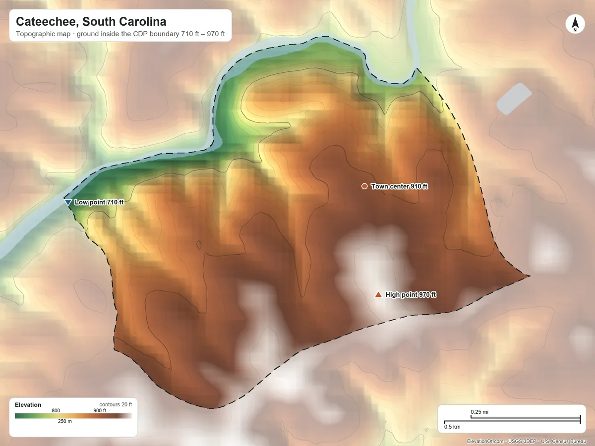 Topographic elevation map of Cateechee, South Carolina, shaded from 710 ft on the west side to 970 ft on the south side