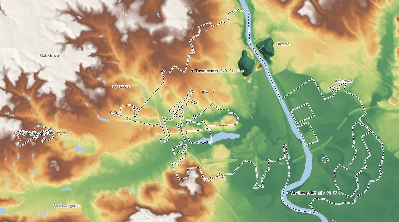 Topographic elevation map of Cayce, South Carolina, shaded from 110 ft on the southeast side to 300 ft on the west side