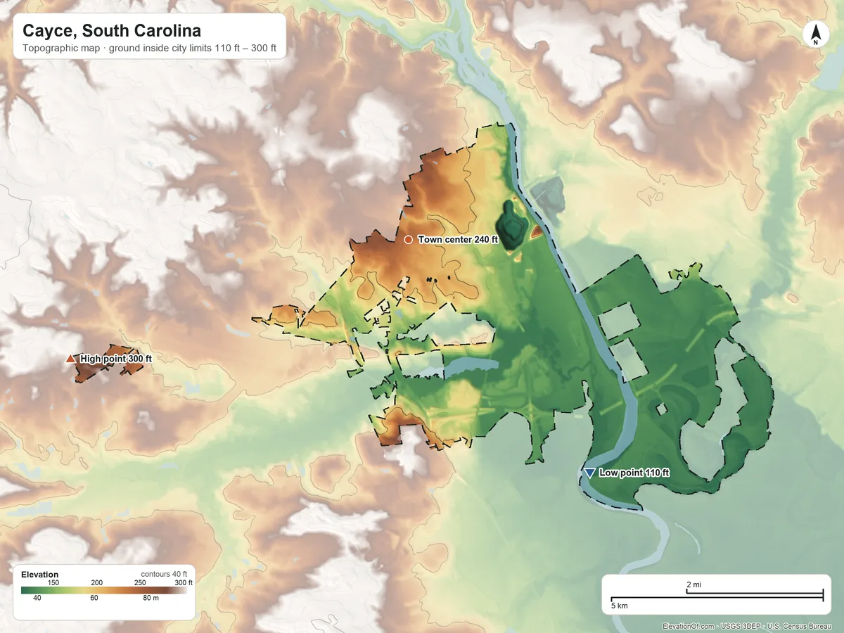 Topographic elevation map of Cayce, South Carolina, shaded from 110 ft on the southeast side to 300 ft on the west side