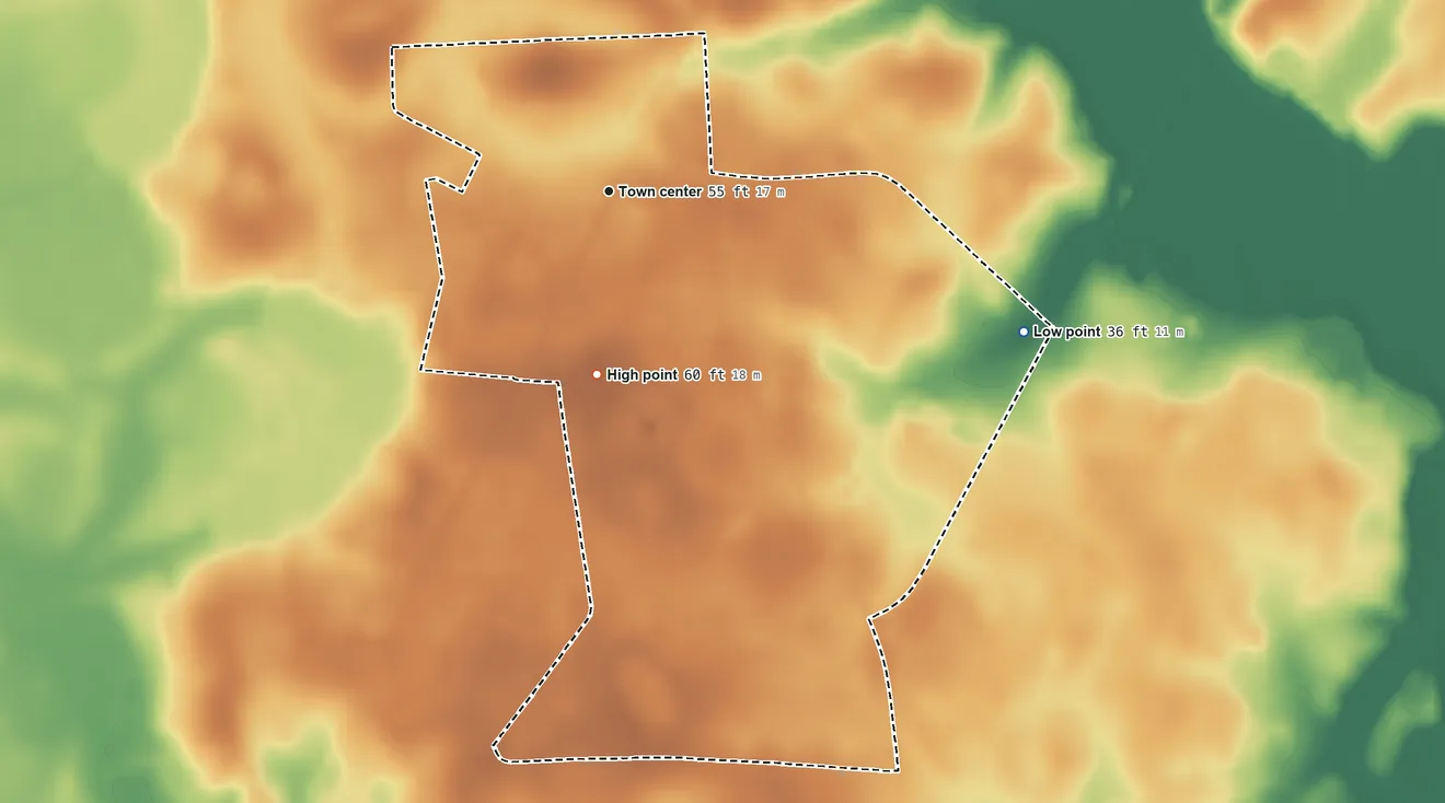 Topographic elevation map of Centenary, South Carolina, shaded from 36 ft on the east side to 60 ft on the south side