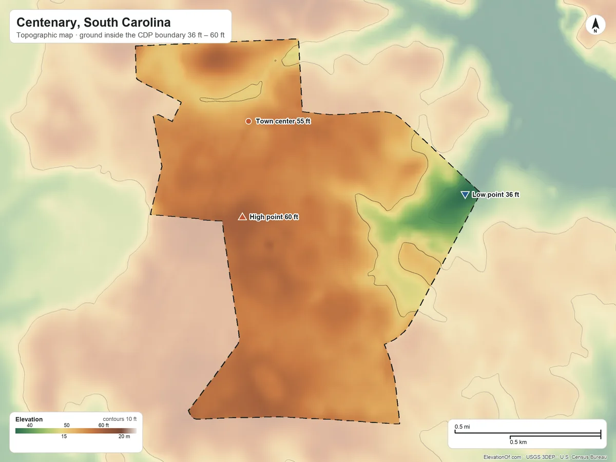 Topographic elevation map of Centenary, South Carolina, shaded from 36 ft on the east side to 60 ft on the south side