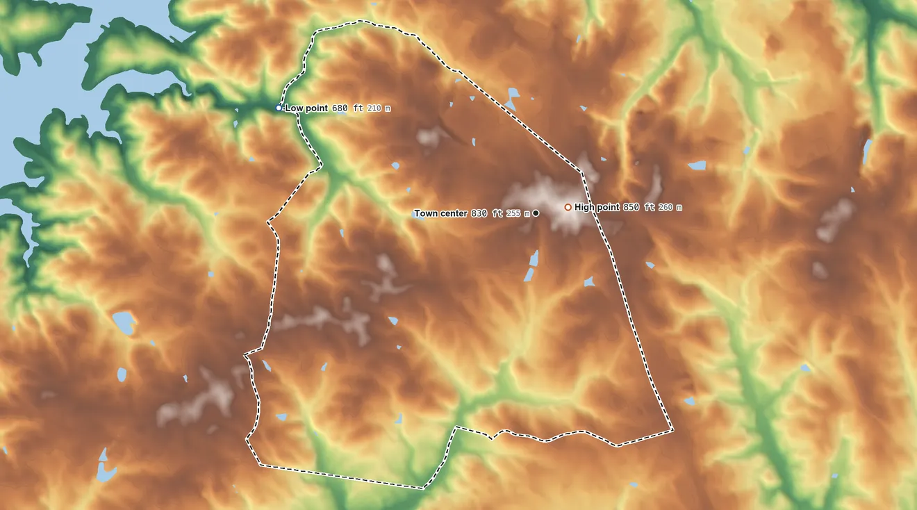 Topographic elevation map of Centerville, South Carolina, shaded from 680 ft on the west side to 850 ft near the middle