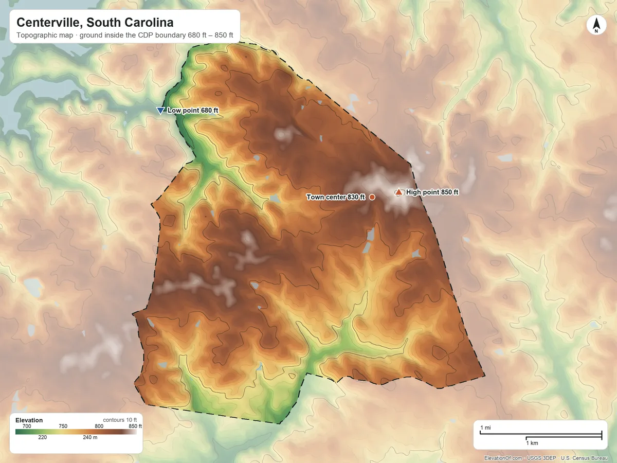 Topographic elevation map of Centerville, South Carolina, shaded from 680 ft on the west side to 850 ft near the middle