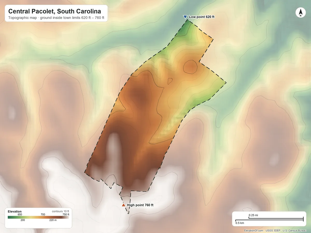 Topographic elevation map of Central Pacolet, South Carolina, shaded from 620 ft on the northeast side to 760 ft on the south side