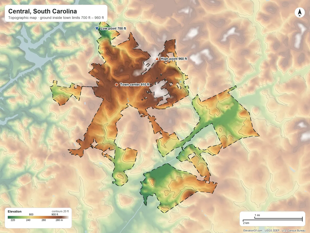 Topographic elevation map of Central, South Carolina, shaded from 700 ft on the north side to 960 ft on the northeast side
