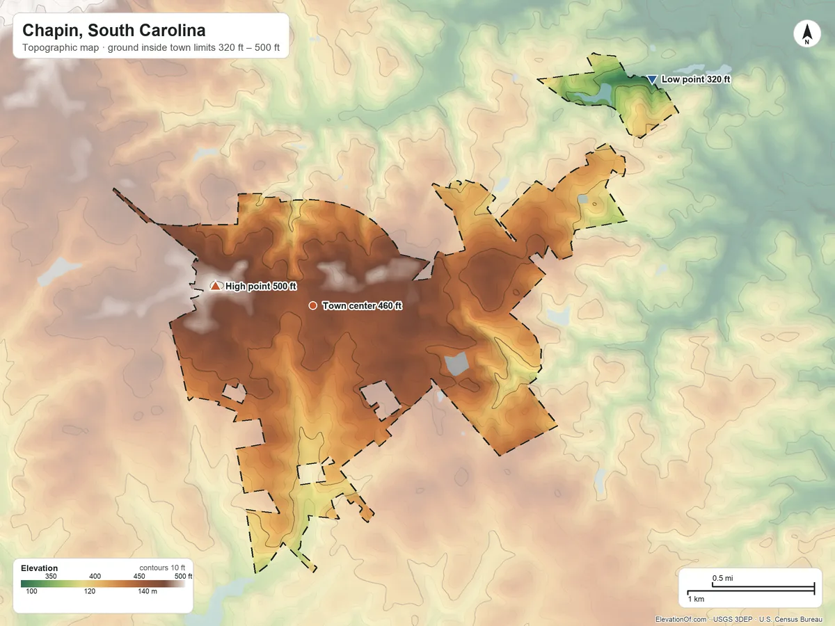 Topographic elevation map of Chapin, South Carolina, shaded from 320 ft on the northeast side to 500 ft on the west side