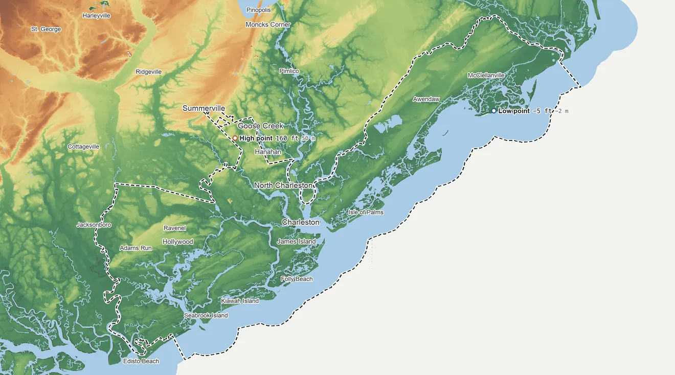 Topographic elevation map of Charleston County, South Carolina, shaded from 5 ft below sea level on the northeast side to 160 ft on the northwest side