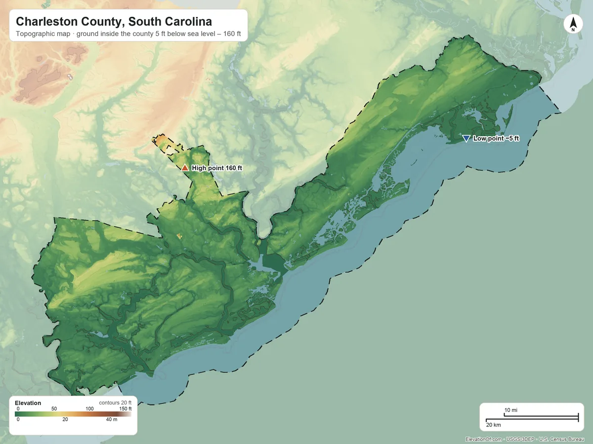 Topographic elevation map of Charleston County, South Carolina, shaded from 5 ft below sea level on the northeast side to 160 ft on the northwest side